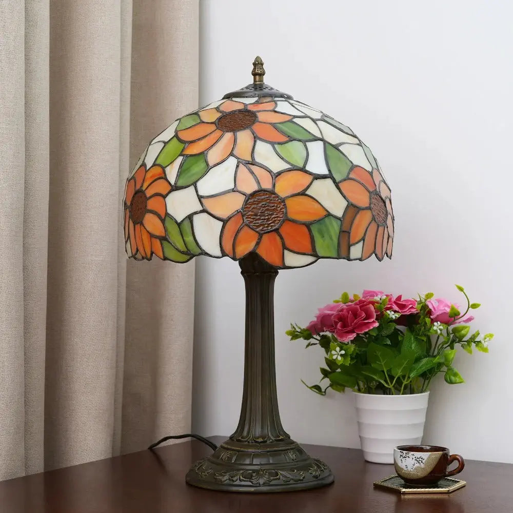 12inch Retro Stained Glass Sunflower Floral Lampshade Vintage Tiffany Desk Lamp - CTL