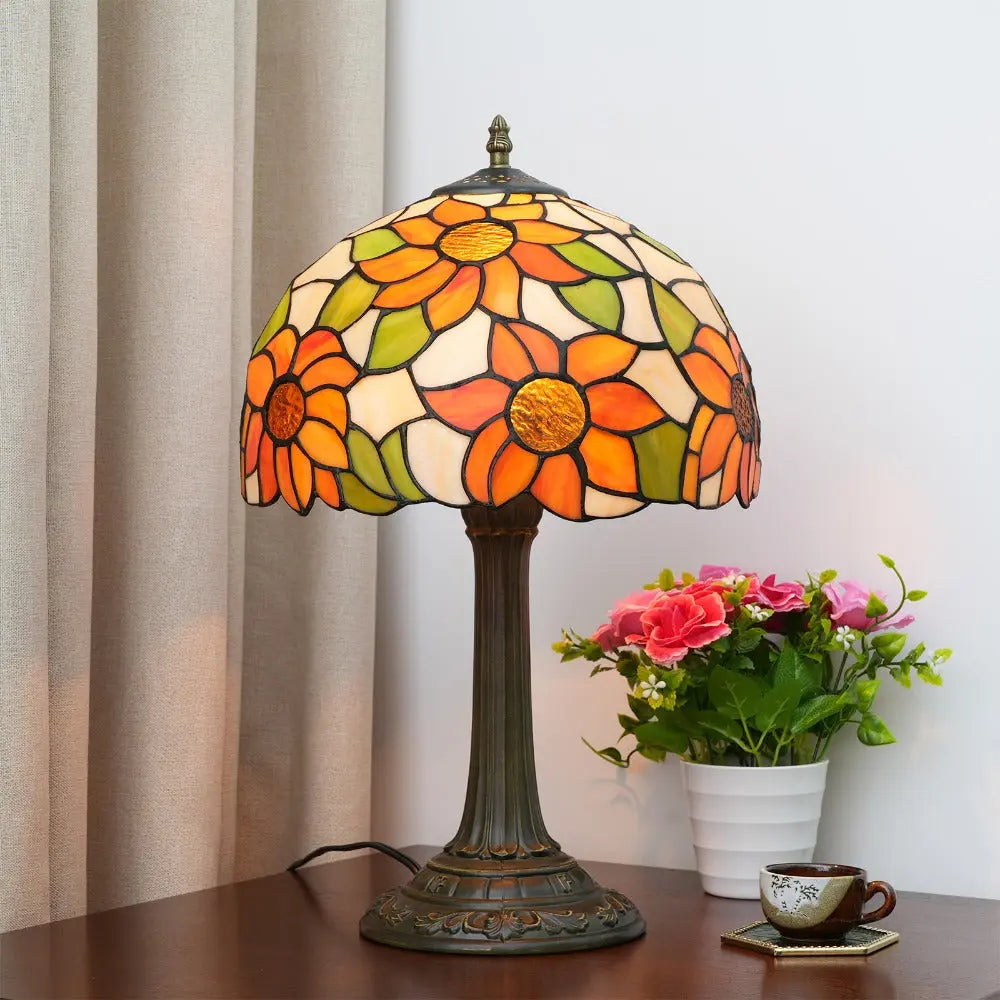 12inch Retro Stained Glass Sunflower Floral Lampshade Vintage Tiffany Desk Lamp - CTL
