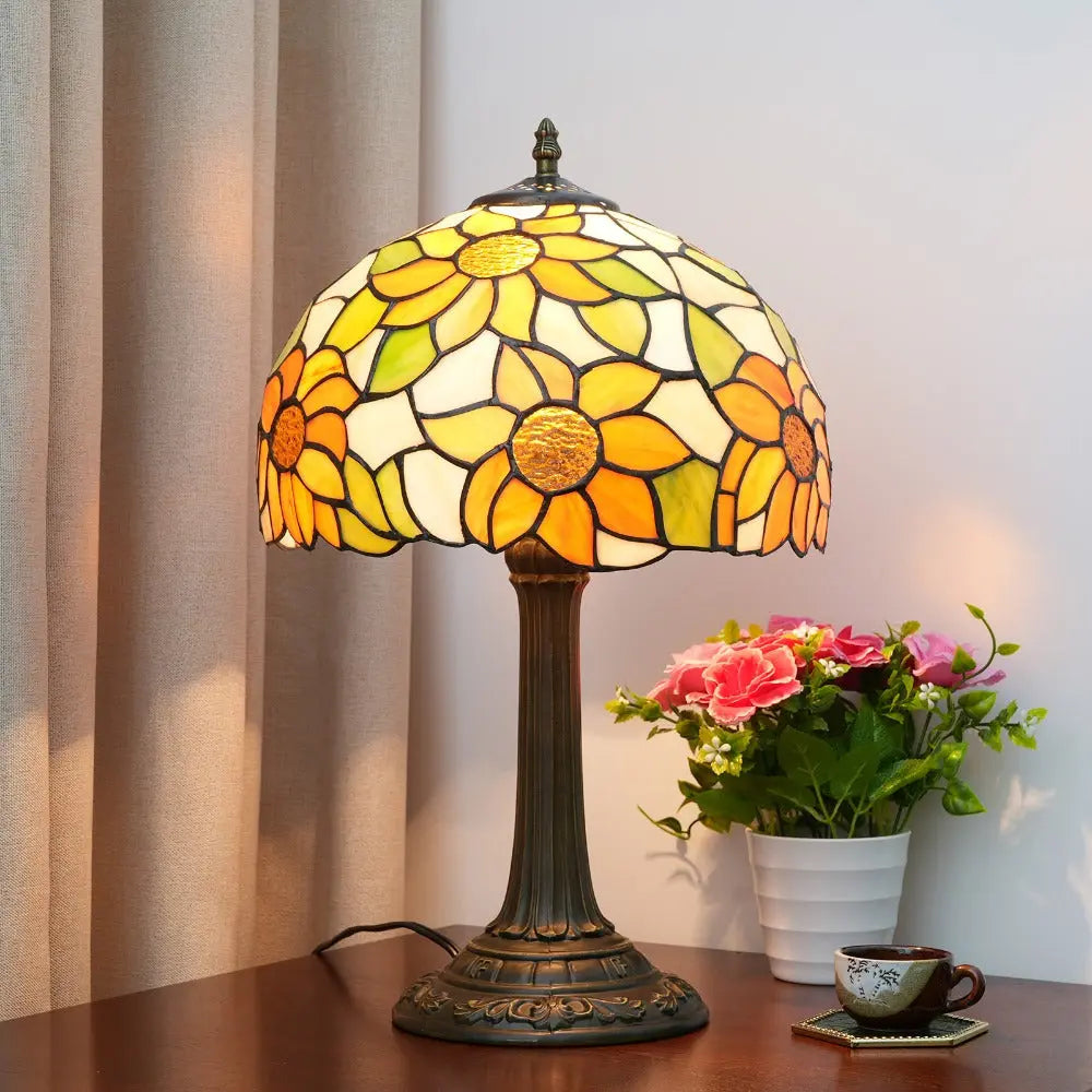 12inch Retro Stained Glass Sunflower Floral Lampshade Vintage Tiffany Desk Lamp - CTL