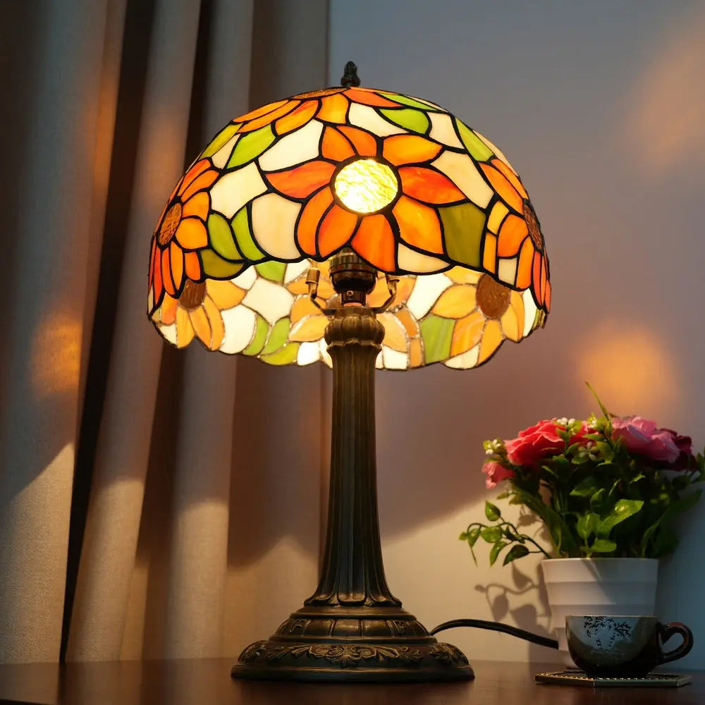 12inch Retro Stained Glass Sunflower Floral Lampshade Vintage Tiffany Desk Lamp - CTL