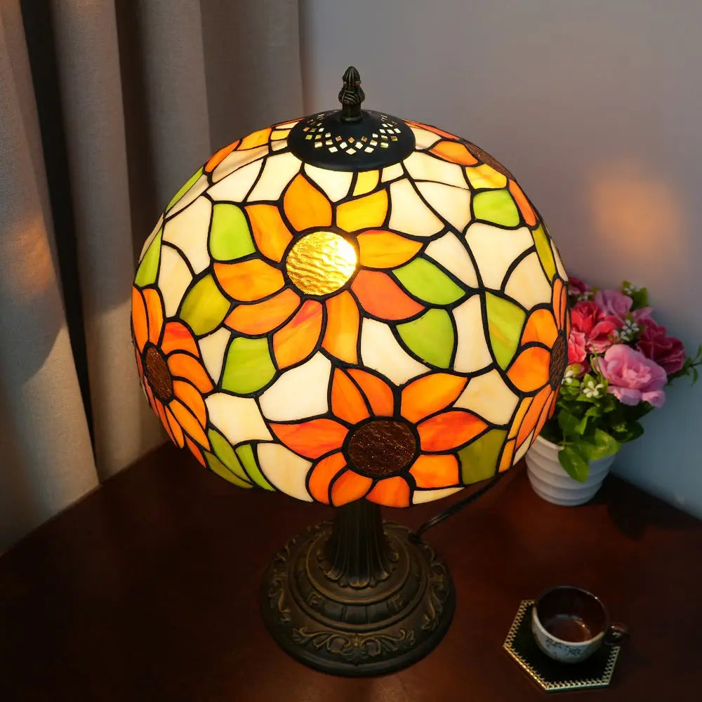 12inch Retro Stained Glass Sunflower Floral Lampshade Vintage Tiffany Desk Lamp - CTL