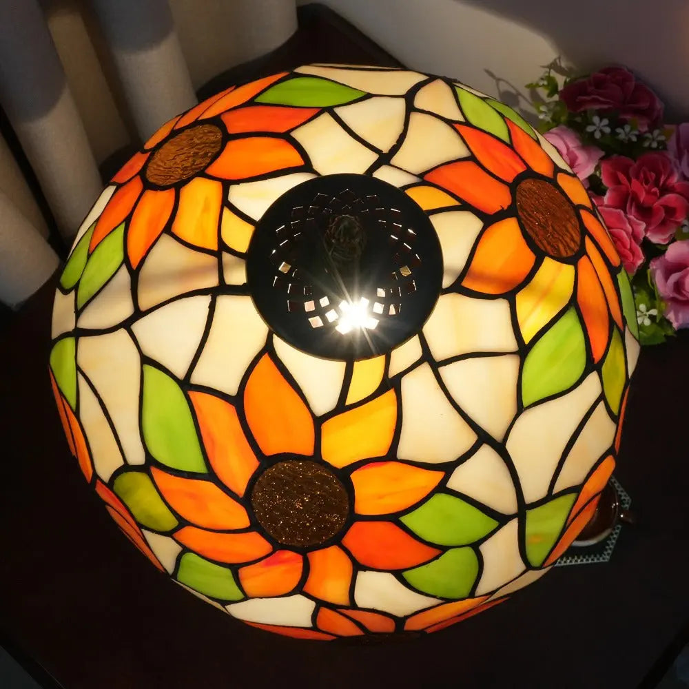 12inch Retro Stained Glass Sunflower Floral Lampshade Vintage Tiffany Desk Lamp - CTL