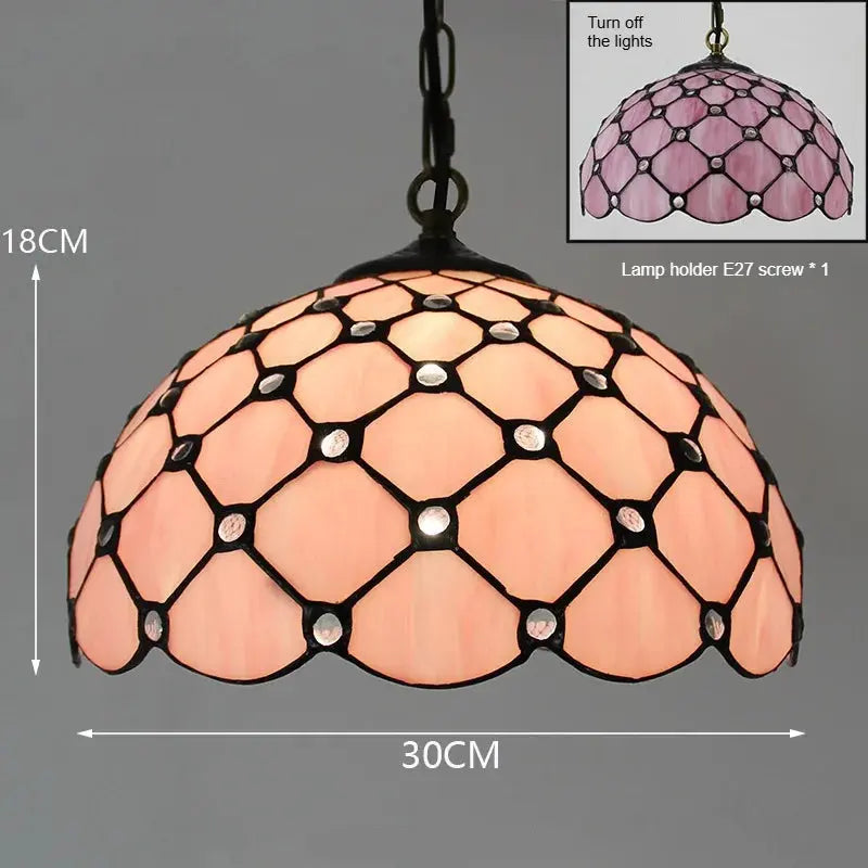 12inch Stained Glass Bead Pink Lampshade Tiffany Dining Room Light Hanging Lamp - CTL