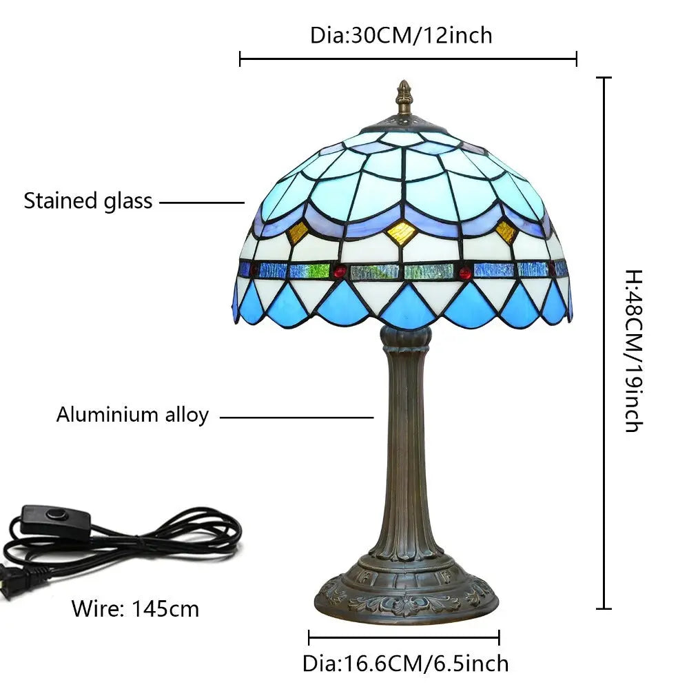 12inch Stained Glass Blue Mediterranean Feathers Lampshade Vintage Tiffany Desk Lamp - CTL