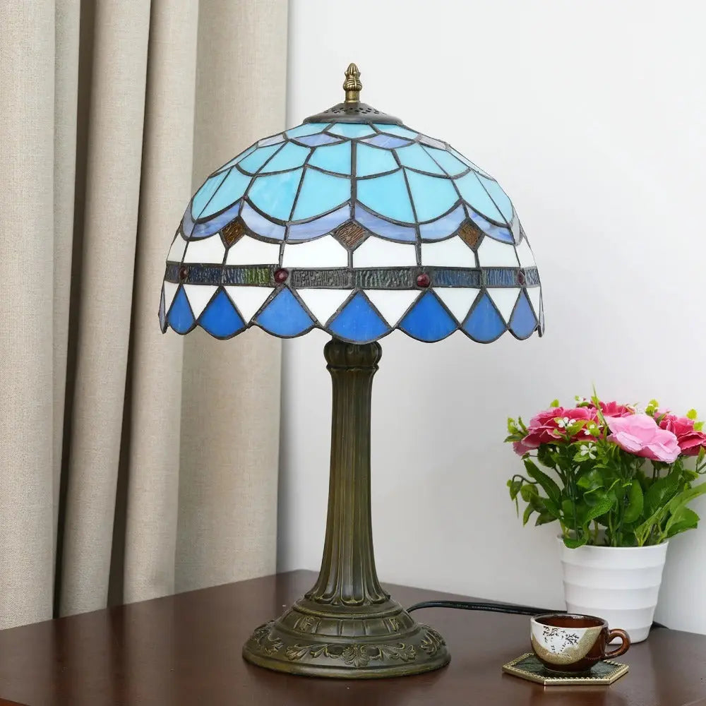 12inch Stained Glass Blue Mediterranean Feathers Lampshade Vintage Tiffany Desk Lamp - CTL