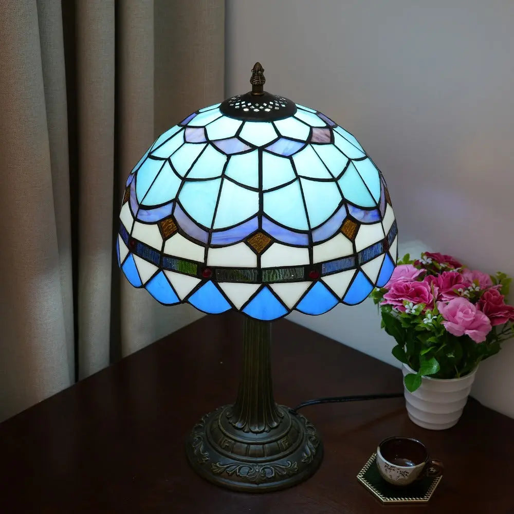 12inch Stained Glass Blue Mediterranean Feathers Lampshade Vintage Tiffany Desk Lamp - CTL