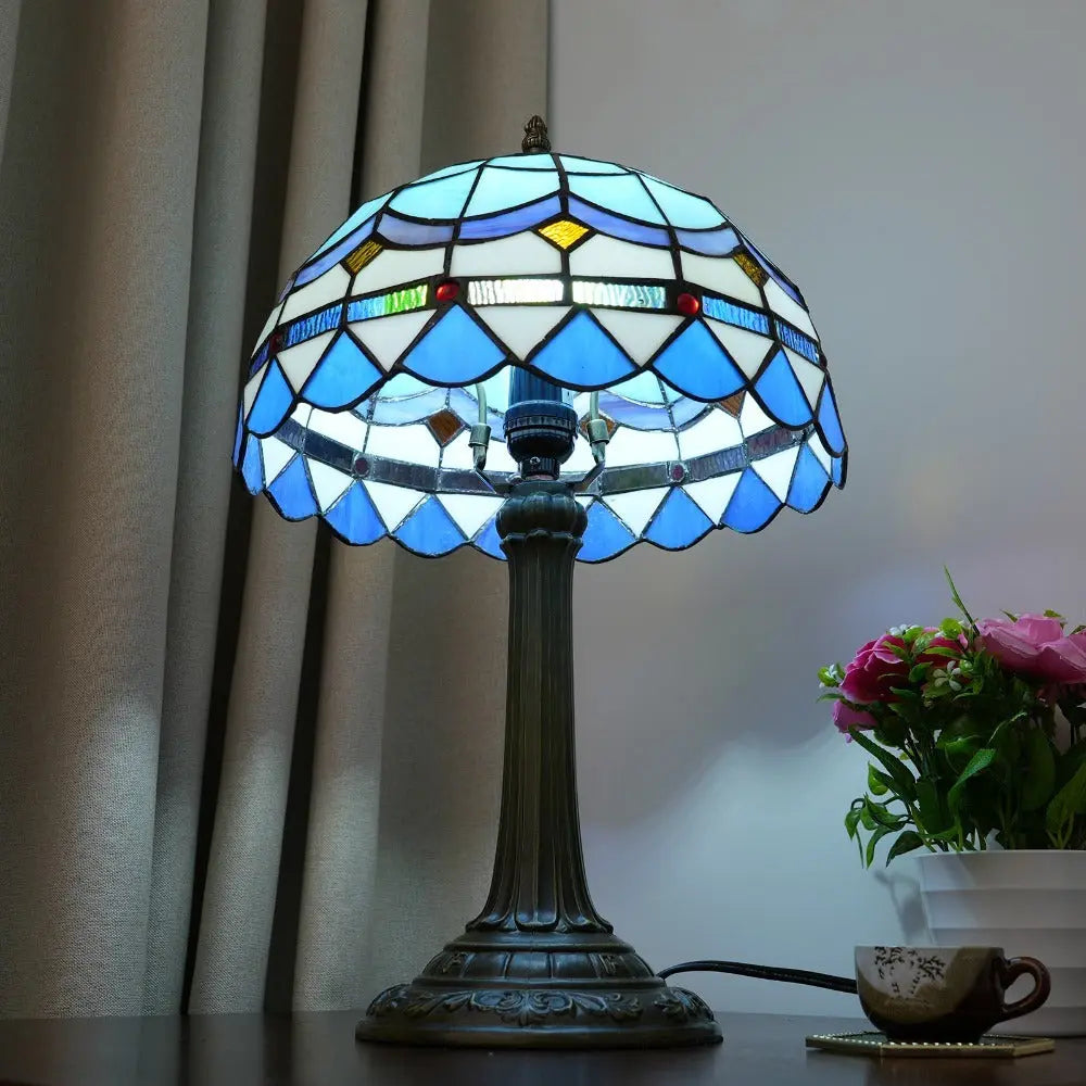 12inch Stained Glass Blue Mediterranean Feathers Lampshade Vintage Tiffany Desk Lamp - CTL
