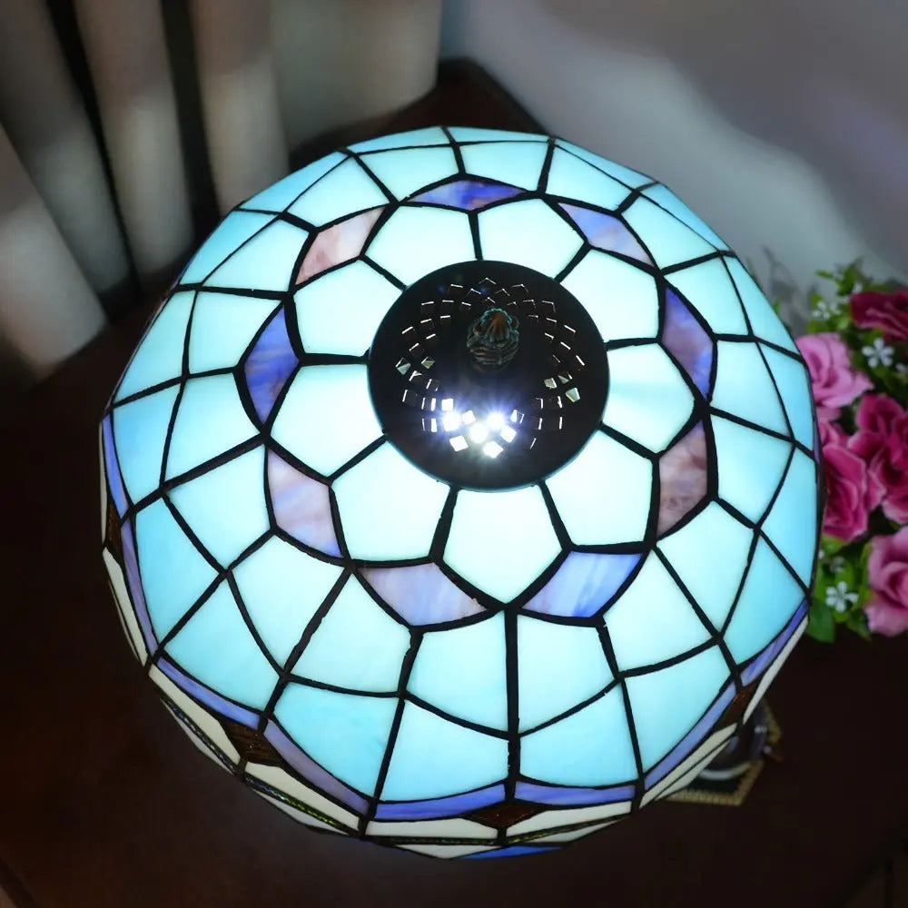 12inch Stained Glass Blue Mediterranean Feathers Lampshade Vintage Tiffany Desk Lamp - CTL