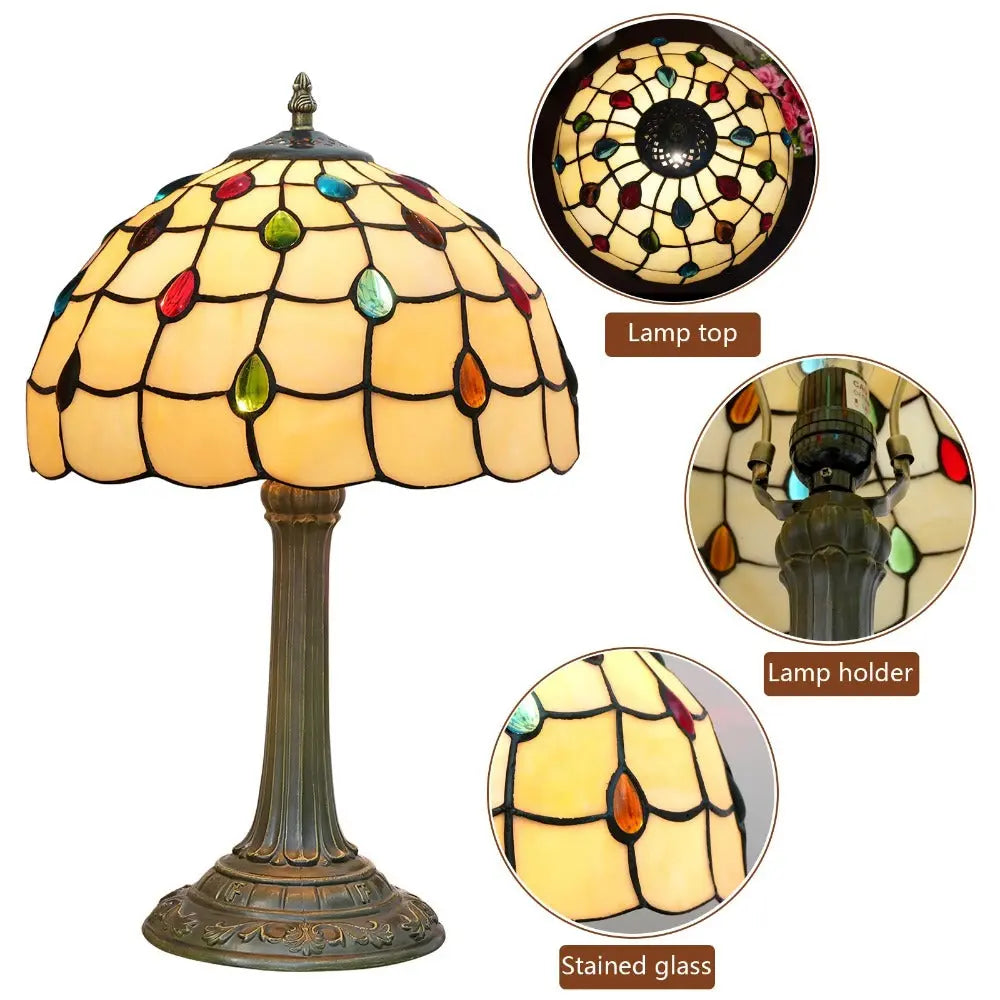12inch Stained Glass Colored Beads Lampshade Vintage Tiffany Table Lamp - CTL