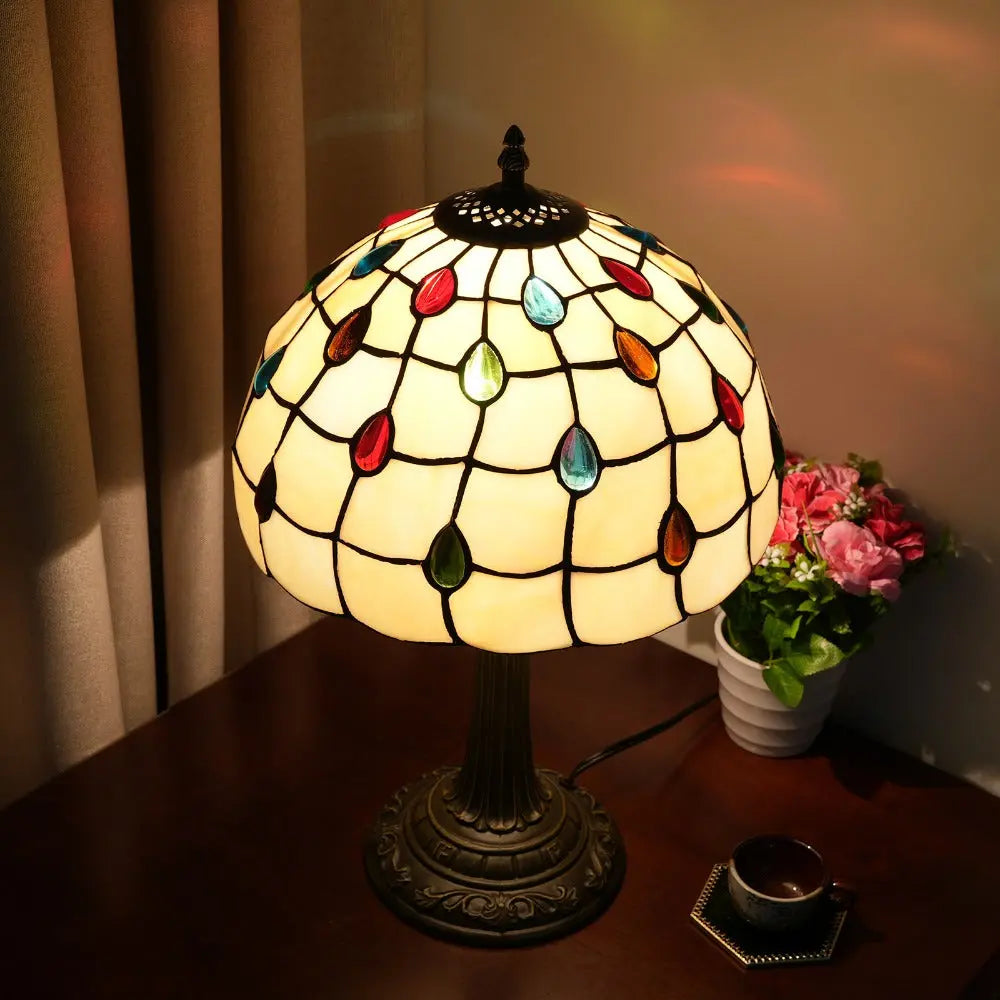 12inch Stained Glass Colored Beads Lampshade Vintage Tiffany Table Lamp - CTL