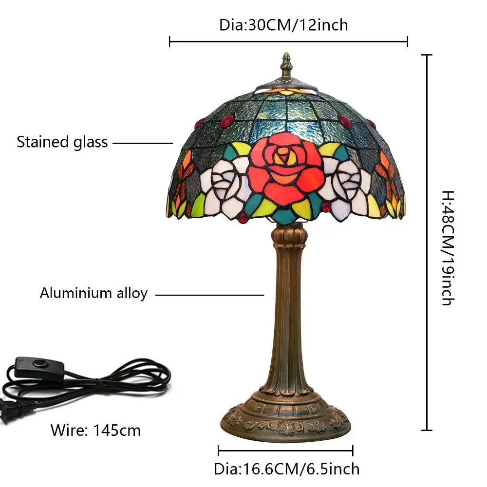 12inch Stained Glass Country Rose Lampshade Vintage Tiffany Desk Lamp - CTL