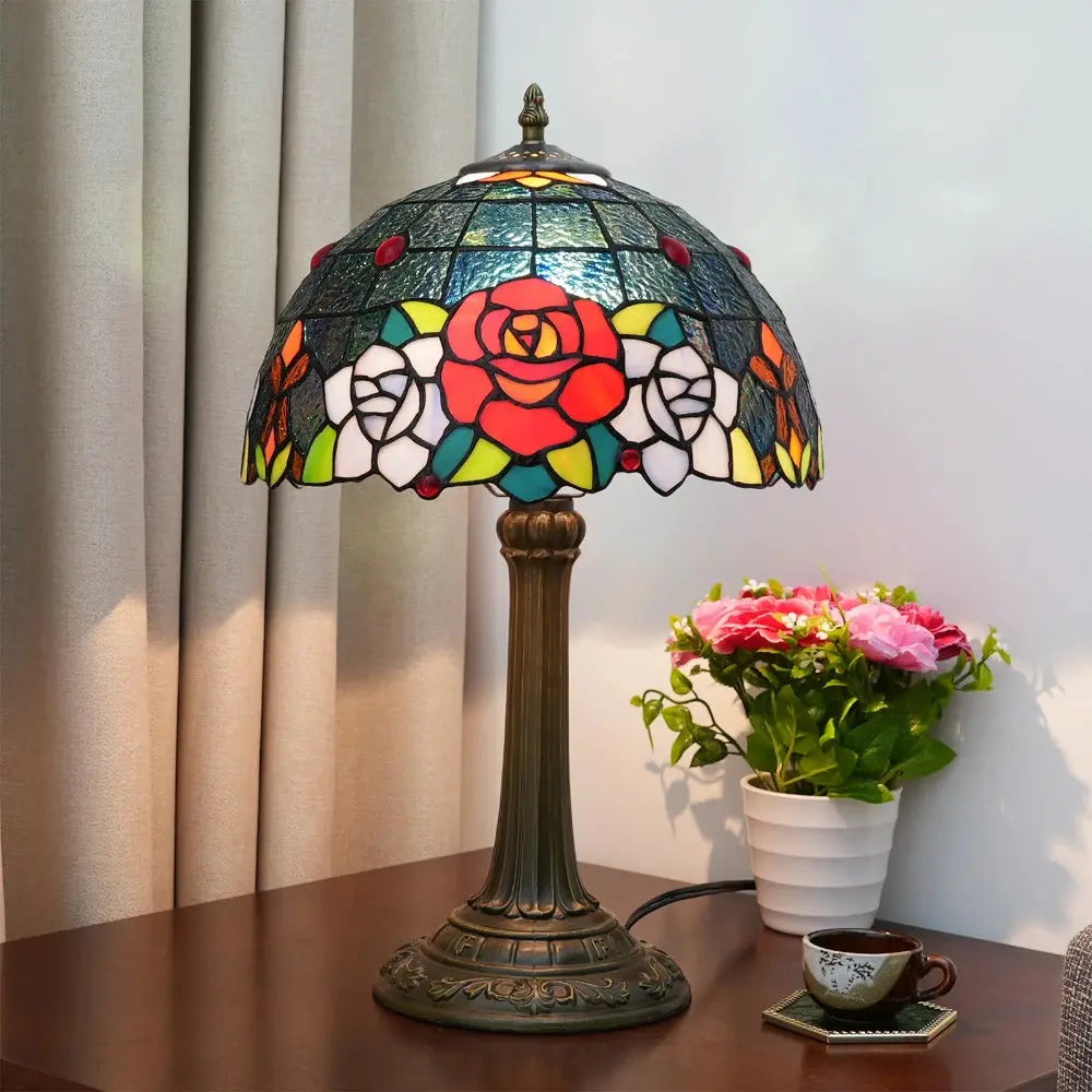12inch Stained Glass Country Rose Lampshade Vintage Tiffany Desk Lamp - CTL