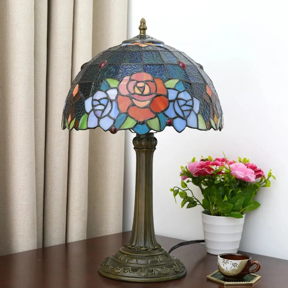 12inch Stained Glass Country Rose Lampshade Vintage Tiffany Desk Lamp - CTL