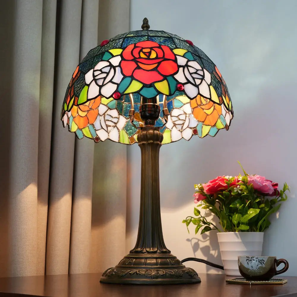12inch Stained Glass Country Rose Lampshade Vintage Tiffany Desk Lamp - CTL
