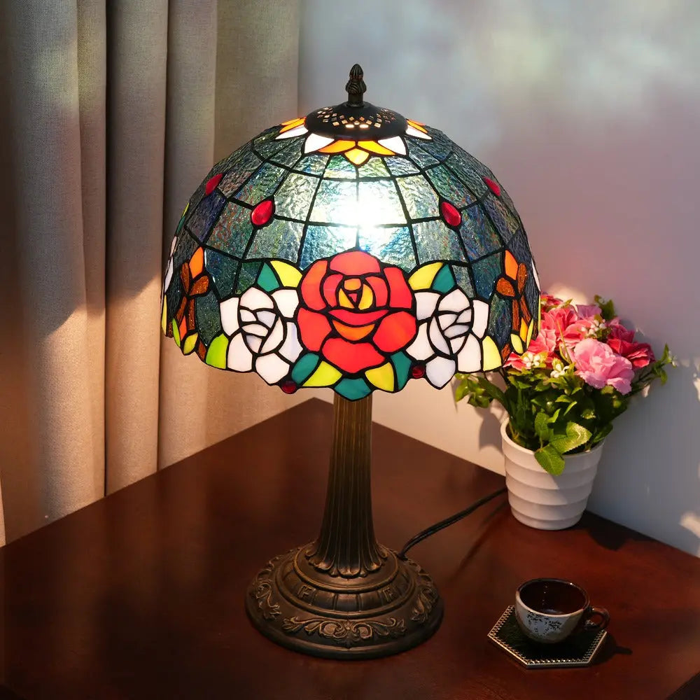 12inch Stained Glass Country Rose Lampshade Vintage Tiffany Desk Lamp - CTL