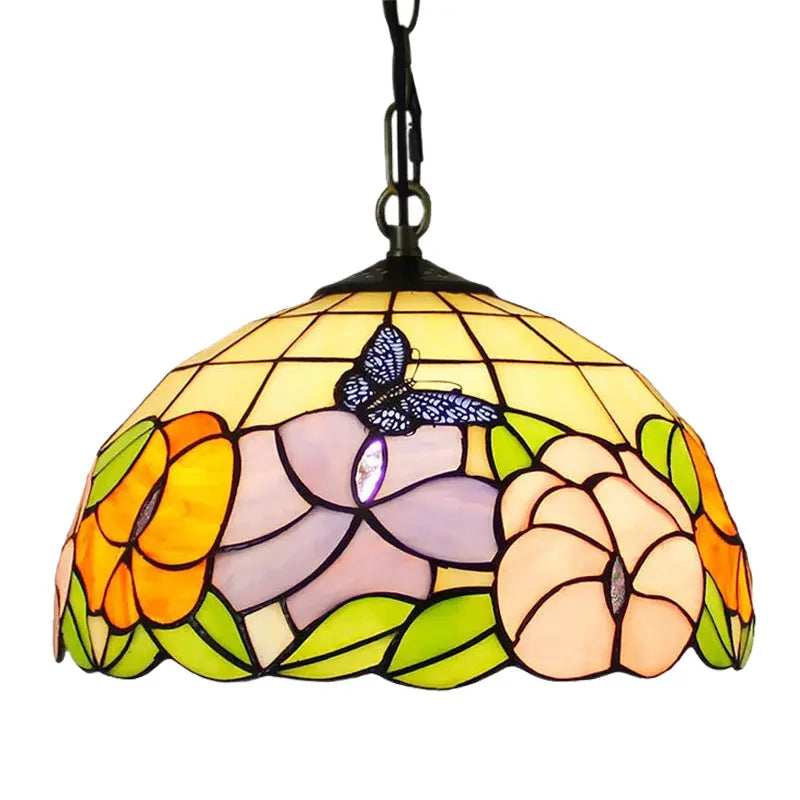 12inch Stained Glass Floral Lampshade Tiffany Style Butterfly Lamp Pendant Light - CTL