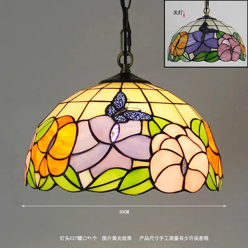 12inch Stained Glass Floral Lampshade Tiffany Style Butterfly Lamp Pendant Light - CTL