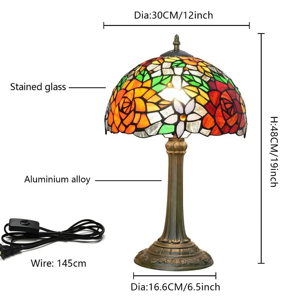 12inch Stained Glass Gorgeous Rose Lampshade Vintage Tiffany Table Lamp - CTL