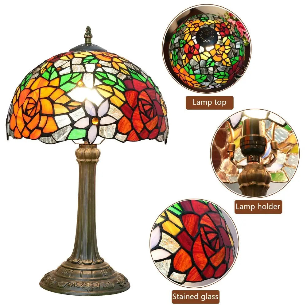 12inch Stained Glass Gorgeous Rose Lampshade Vintage Tiffany Table Lamp - CTL