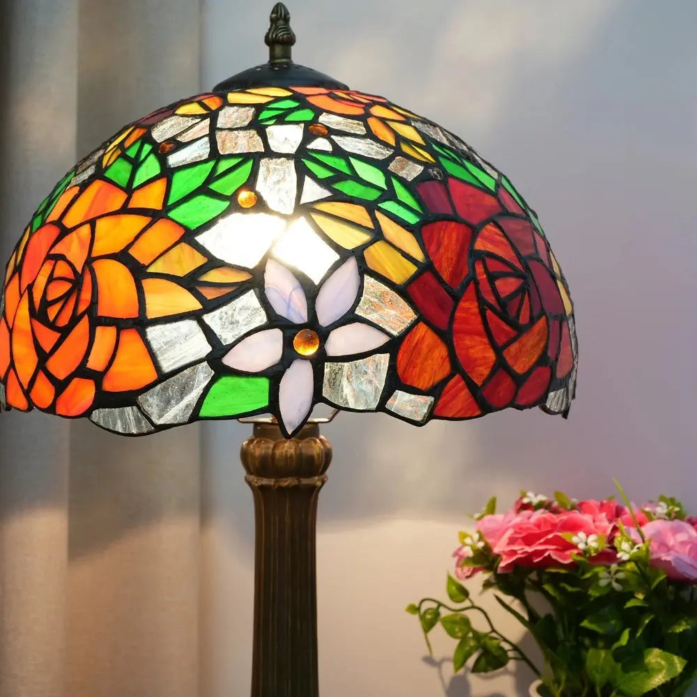 12inch Stained Glass Gorgeous Rose Lampshade Vintage Tiffany Table Lamp - CTL