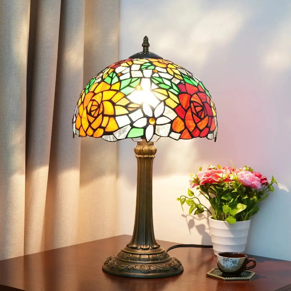 12inch Stained Glass Gorgeous Rose Lampshade Vintage Tiffany Table Lamp - CTL