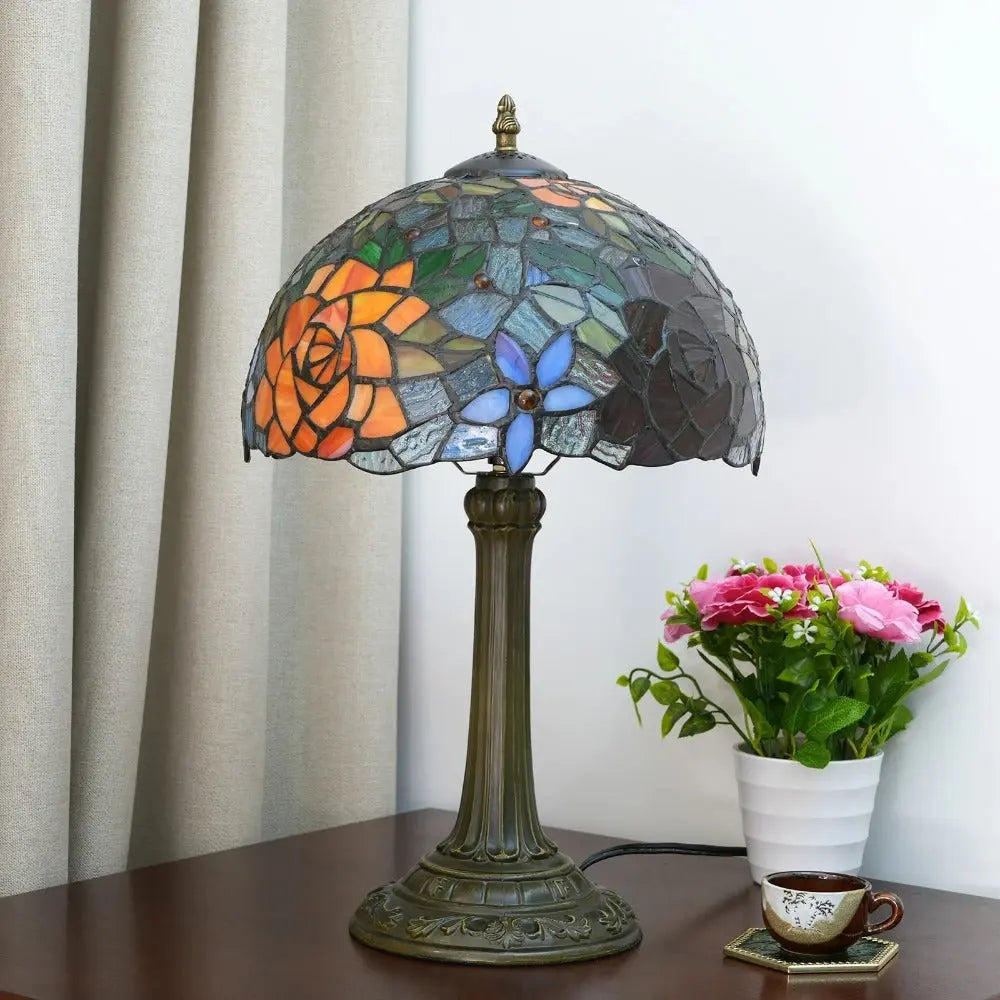 12inch Stained Glass Gorgeous Rose Lampshade Vintage Tiffany Table Lamp - CTL