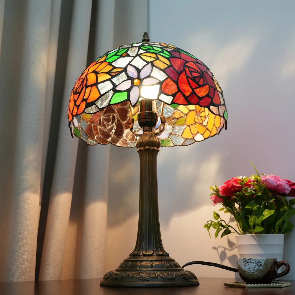 12inch Stained Glass Gorgeous Rose Lampshade Vintage Tiffany Table Lamp - CTL