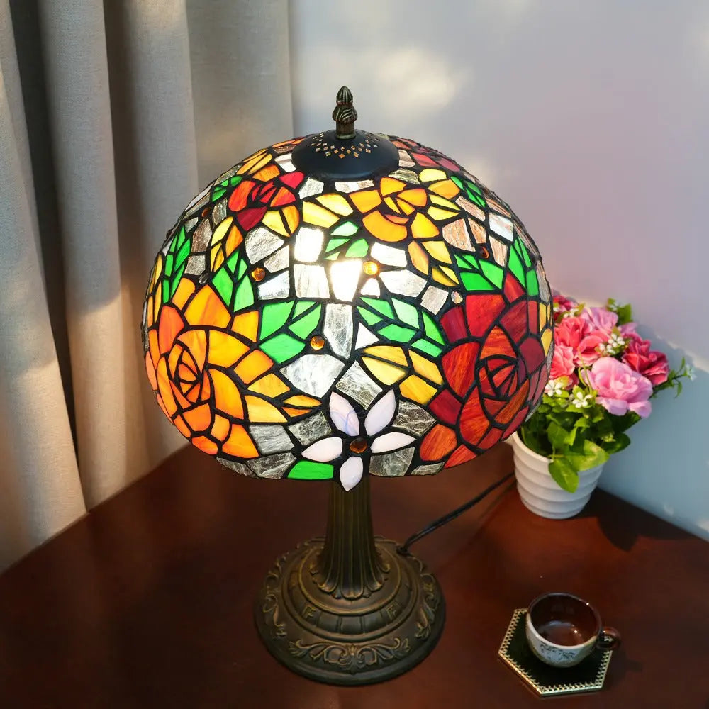 12inch Stained Glass Gorgeous Rose Lampshade Vintage Tiffany Table Lamp - CTL