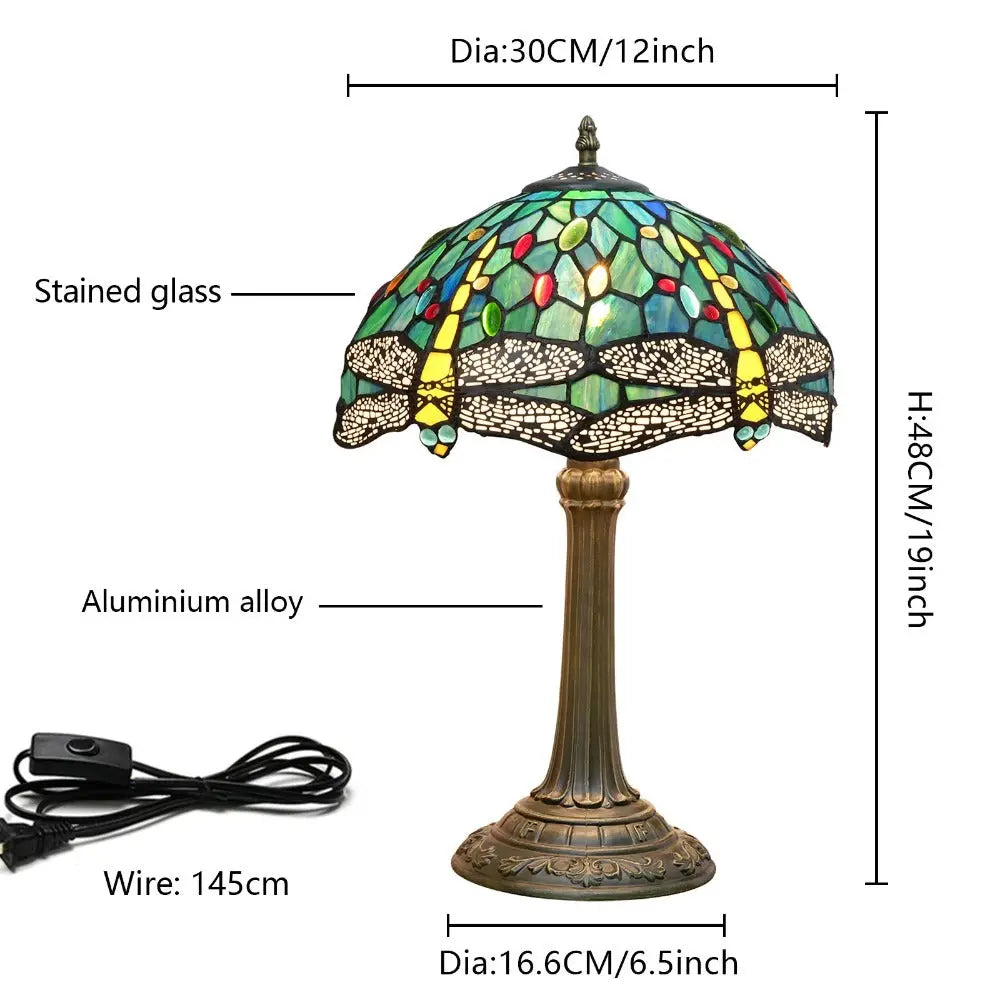 12inch Antique Tiffany Dragonfly Lamp Stained Glass Lotus Lampshade Vintage Desk Light - CTL