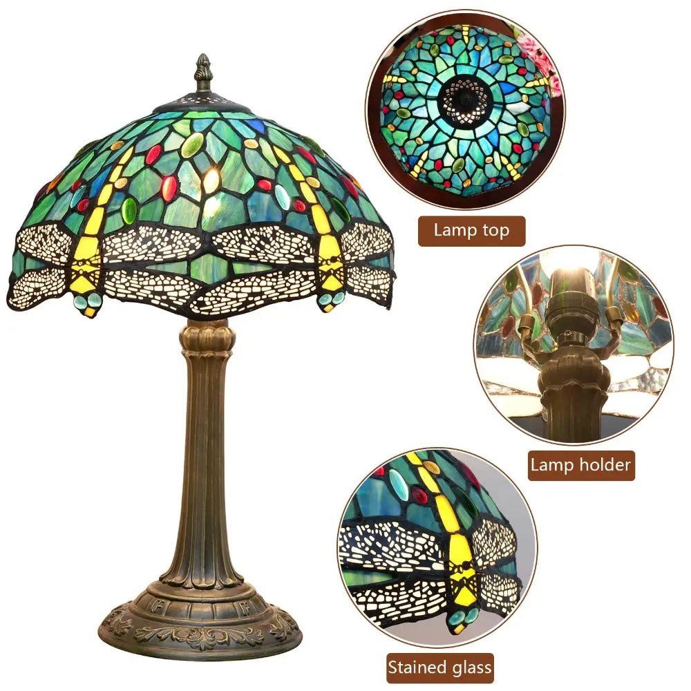 12inch Antique Tiffany Dragonfly Lamp Stained Glass Lotus Lampshade Vintage Desk Light - CTL