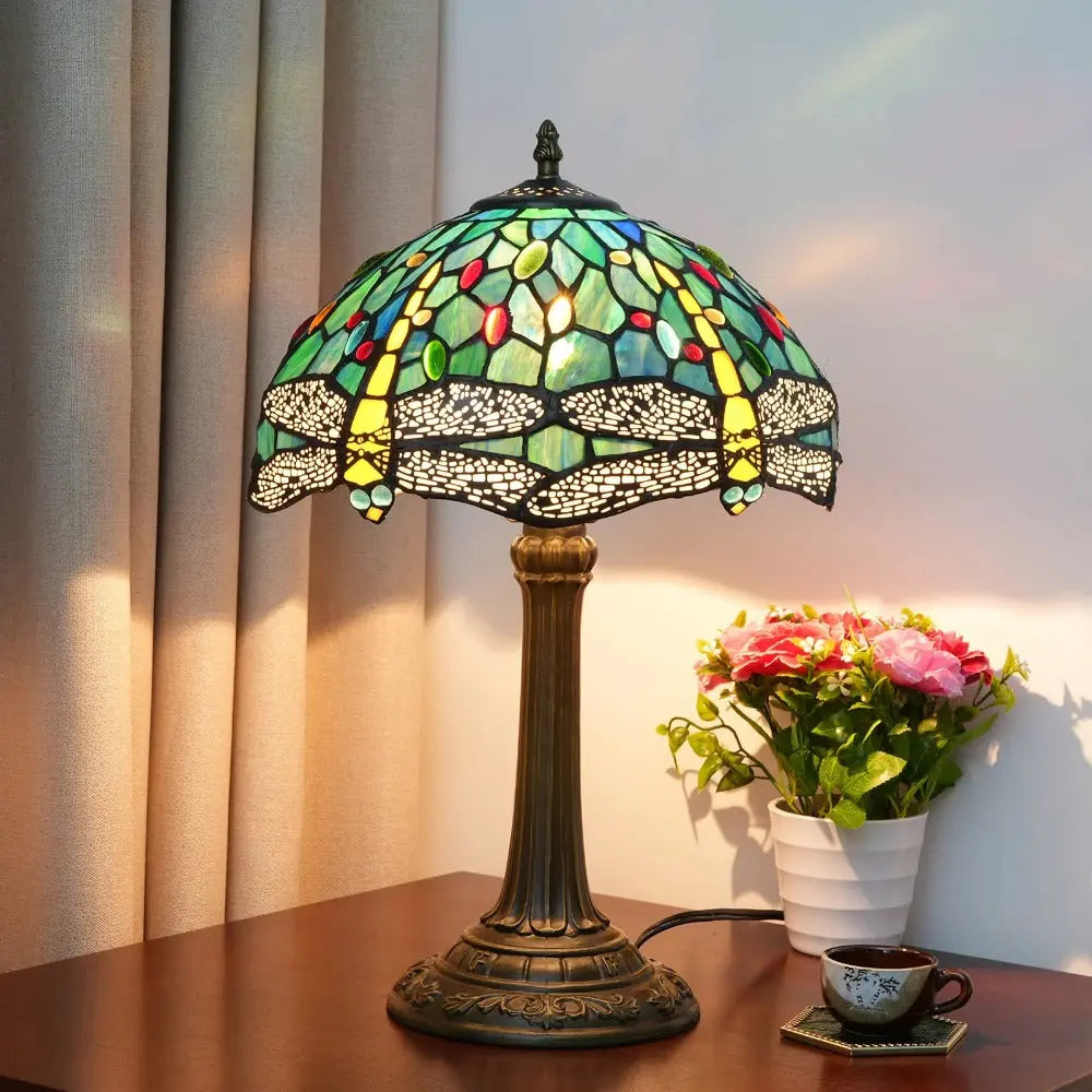 12inch Antique Tiffany Dragonfly Lamp Stained Glass Lotus Lampshade Vintage Desk Light - CTL