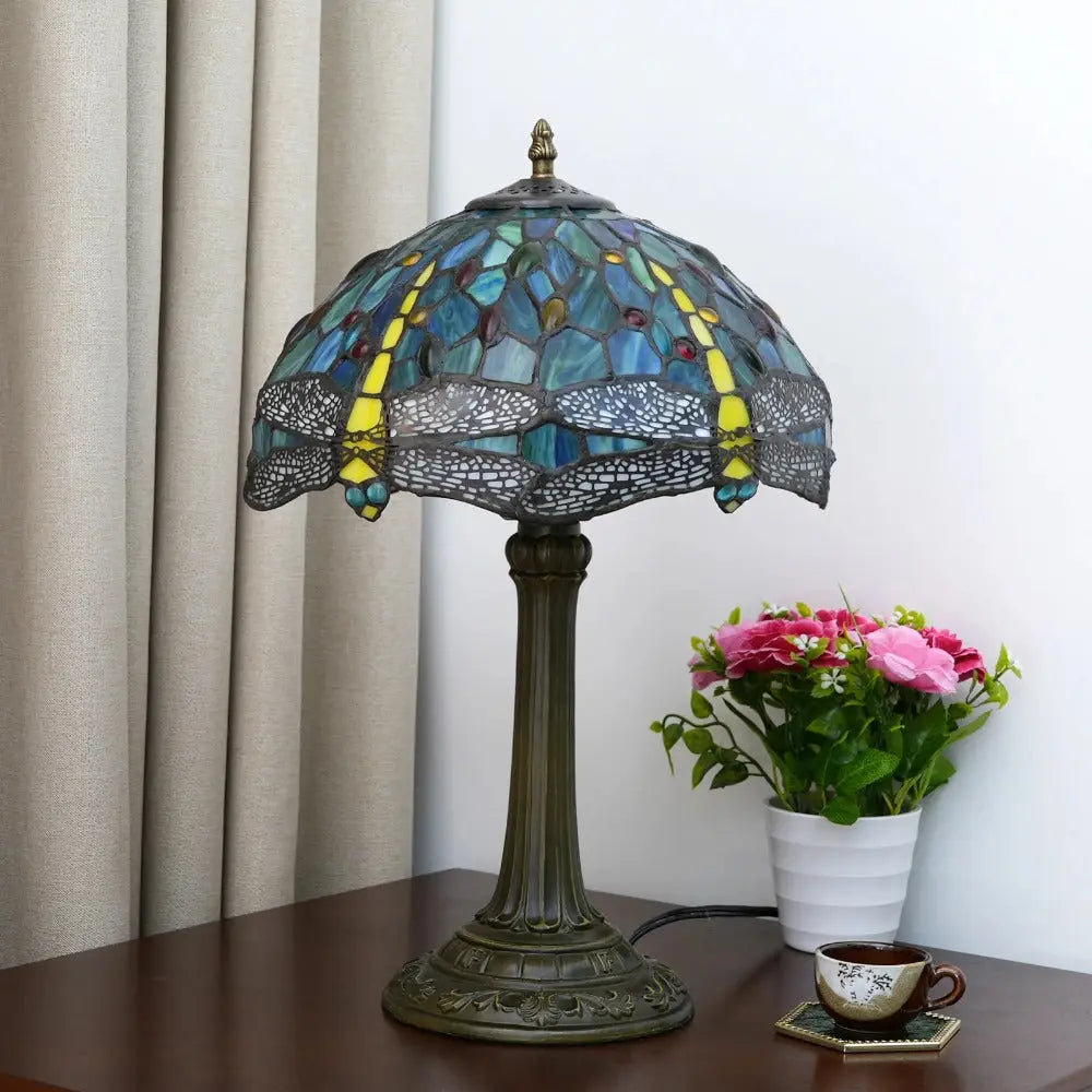 12inch Antique Tiffany Dragonfly Lamp Stained Glass Lotus Lampshade Vintage Desk Light - CTL