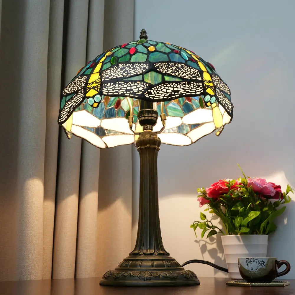 12inch Antique Tiffany Dragonfly Lamp Stained Glass Lotus Lampshade Vintage Desk Light - CTL