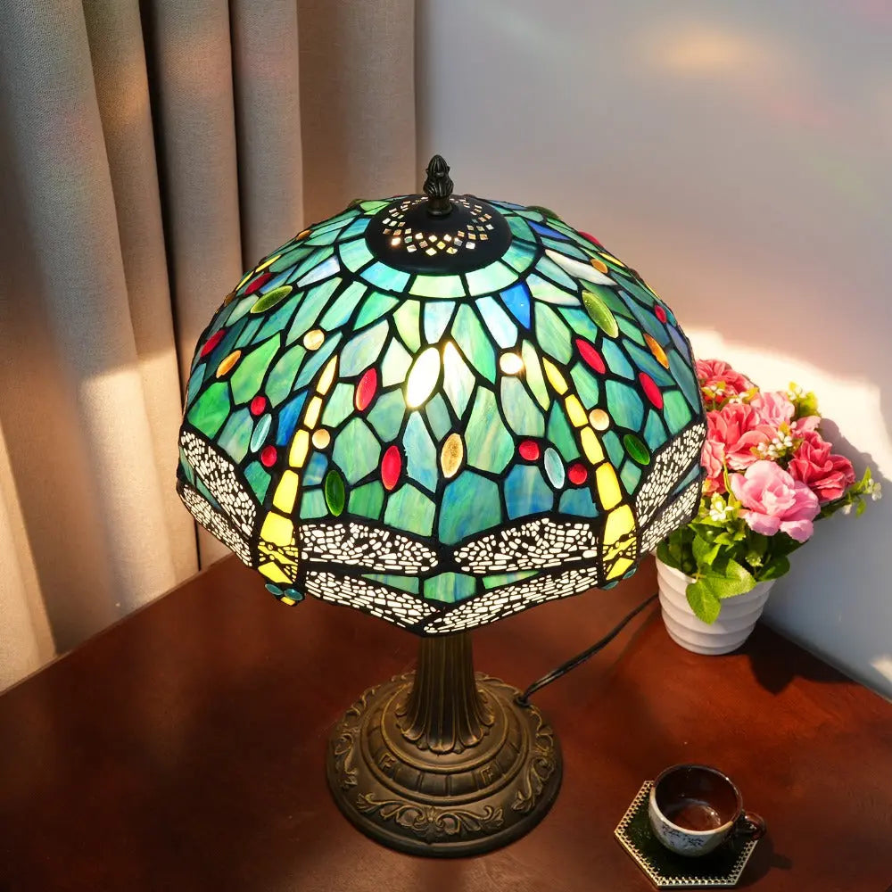 12inch Antique Tiffany Dragonfly Lamp Stained Glass Lotus Lampshade Vintage Desk Light - CTL