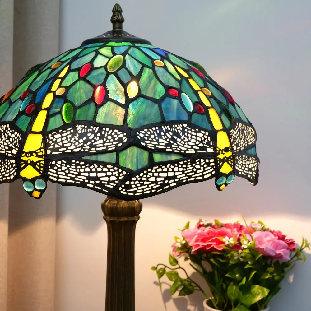 12inch Antique Tiffany Dragonfly Lamp Stained Glass Lotus Lampshade Vintage Desk Light - CTL