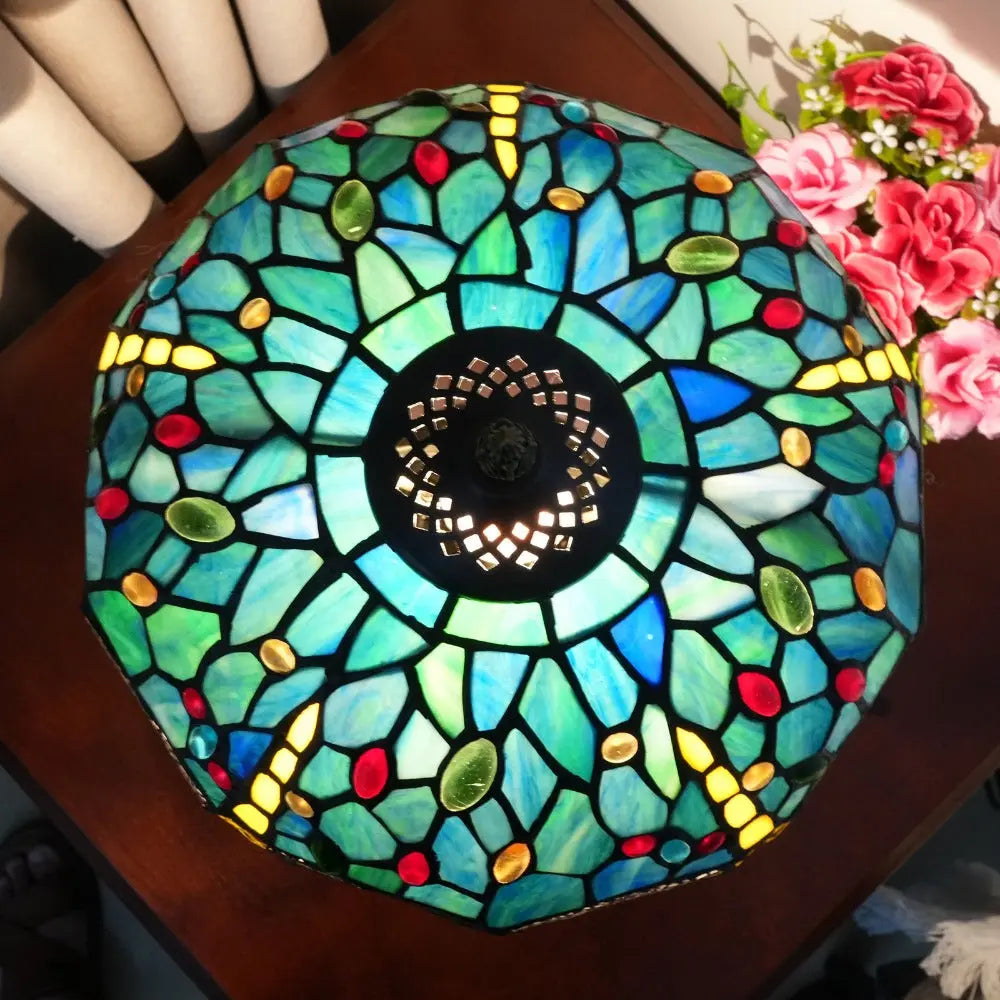 12inch Antique Tiffany Dragonfly Lamp Stained Glass Lotus Lampshade Vintage Desk Light - CTL