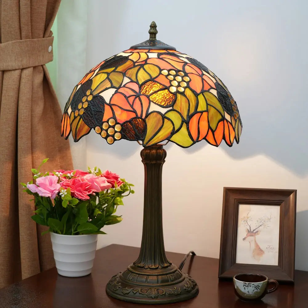 12inch Stained Glass Maple Leaf Beads Lampshade Vintage Tiffany Table Lamp - CTL