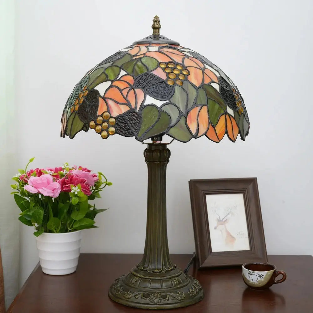 12inch Stained Glass Maple Leaf Beads Lampshade Vintage Tiffany Table Lamp - CTL