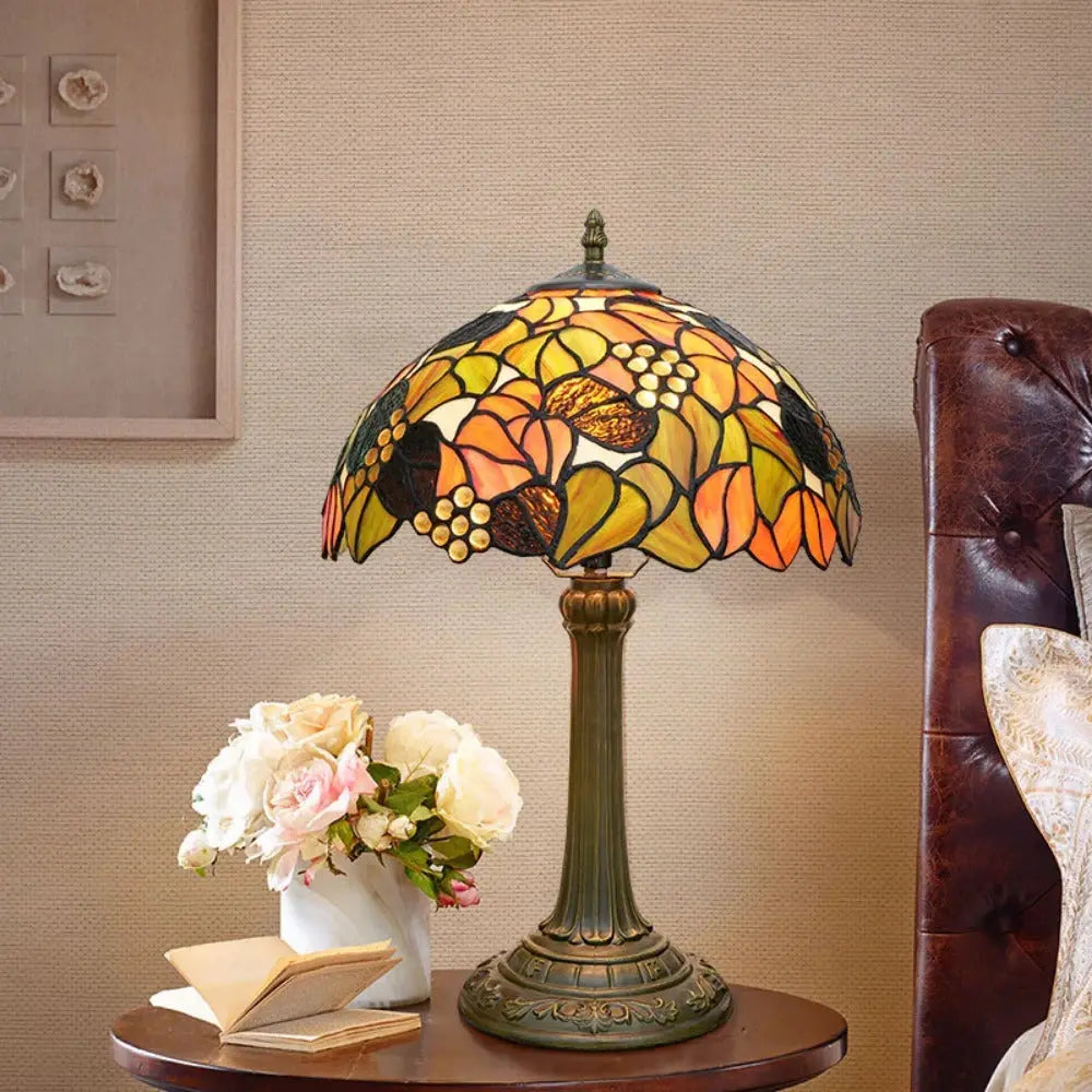 12inch Stained Glass Maple Leaf Beads Lampshade Vintage Tiffany Table Lamp - CTL