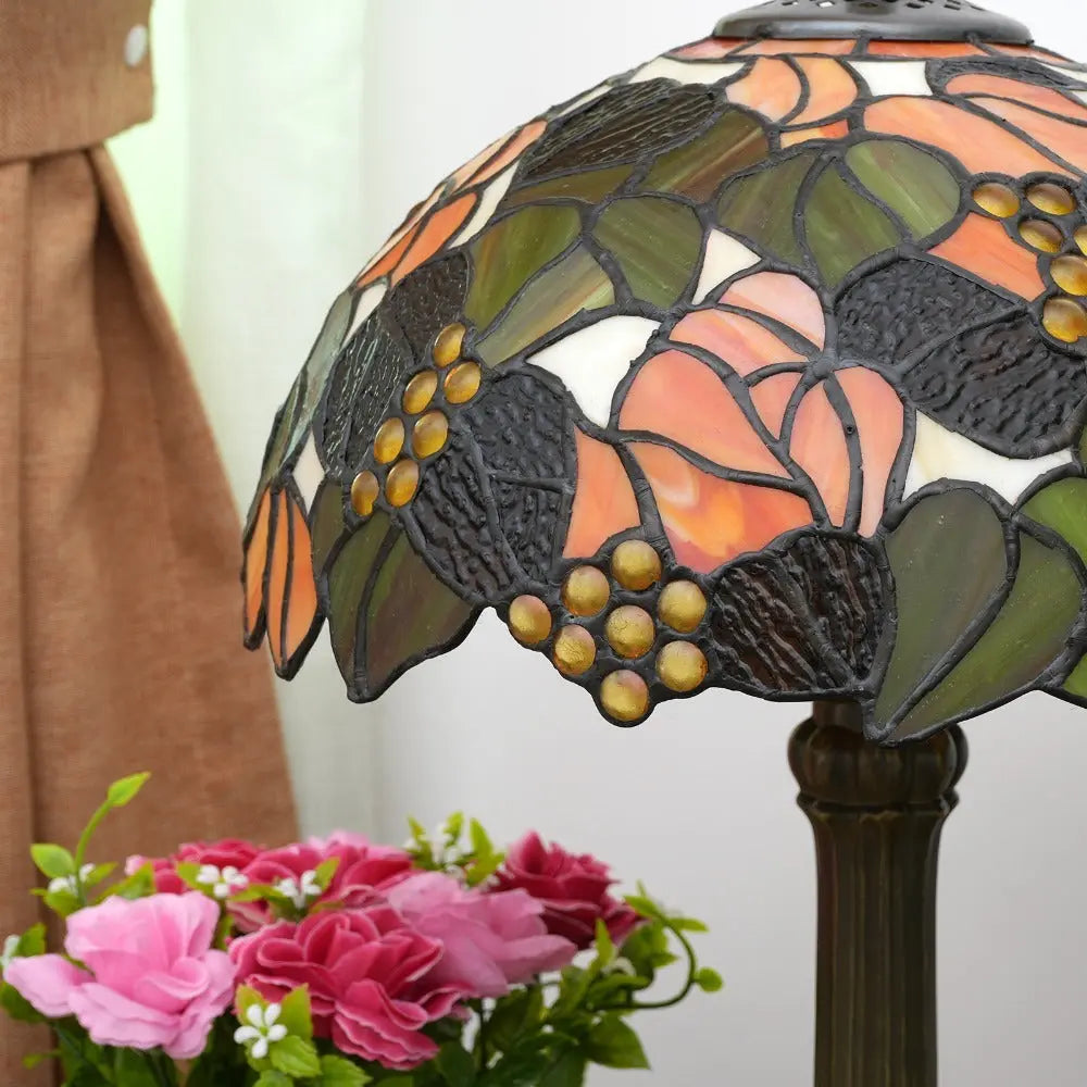 12inch Stained Glass Maple Leaf Beads Lampshade Vintage Tiffany Table Lamp - CTL