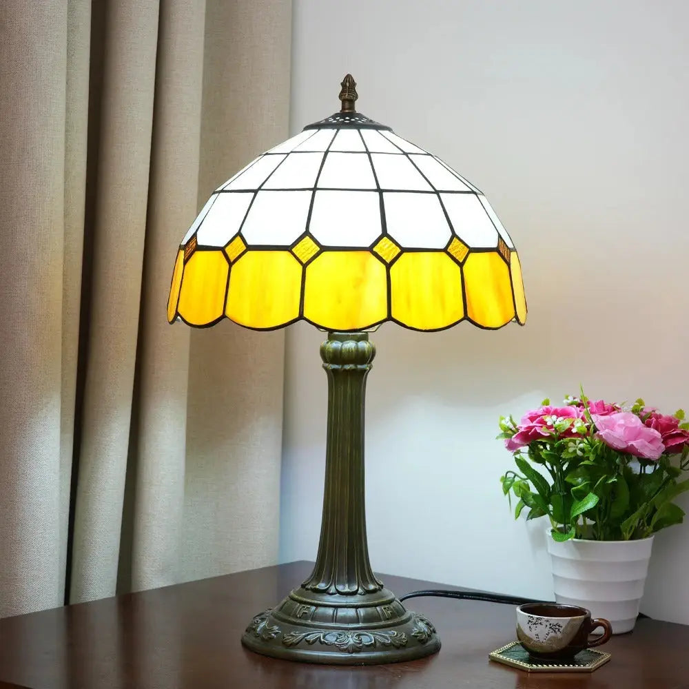 12inch Stained Glass Orange Plaid Lampshade Vintage Tiffany Desk Lamp - CTL