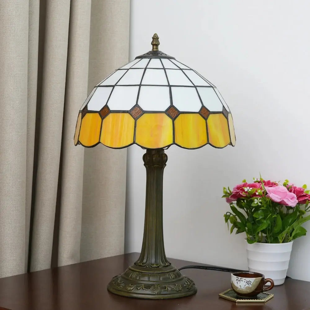 12inch Stained Glass Orange Plaid Lampshade Vintage Tiffany Desk Lamp - CTL