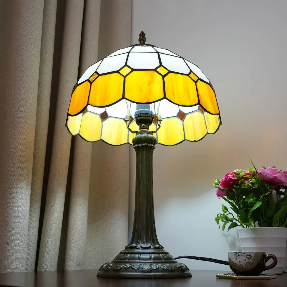 12inch Stained Glass Orange Plaid Lampshade Vintage Tiffany Desk Lamp - CTL
