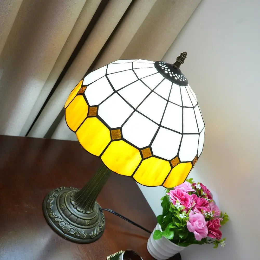 12inch Stained Glass Orange Plaid Lampshade Vintage Tiffany Desk Lamp - CTL