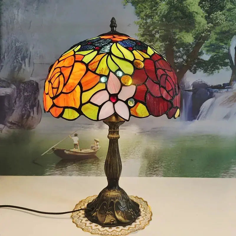 12inch Stained Glass Pastoral Floral Lampshade Tiffany Vintage Desk Lamp - CTL