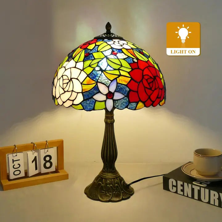 12inch Stained Glass Pastoral Floral Lampshade Tiffany Vintage Desk Lamp - CTL