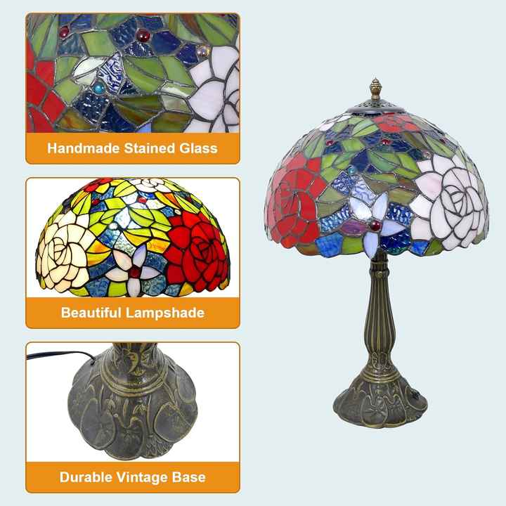 12inch Stained Glass Pastoral Floral Lampshade Tiffany Vintage Desk Lamp - CTL