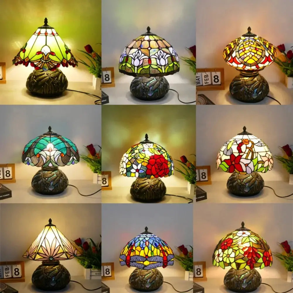 12inch Stained Glass Pattern Floral Lampshade Vintage Tiffany Style Table Lamps - CTL