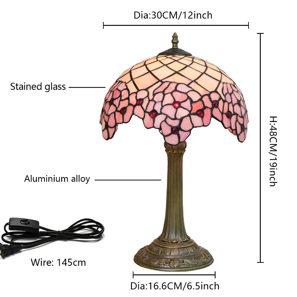 12inch Stained Glass Pink Cherry Blossoms Floral Lampshade Vintage Tiffany Desk Lamp - CTL