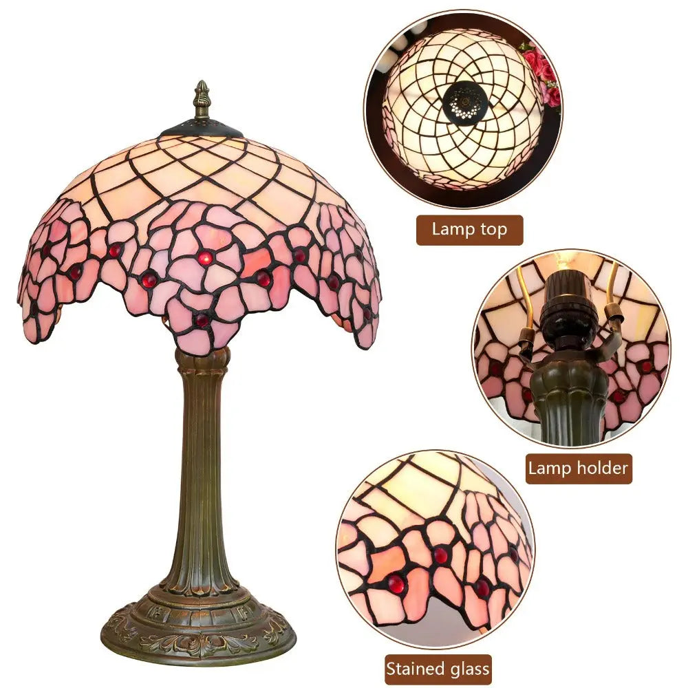 12inch Stained Glass Pink Cherry Blossoms Floral Lampshade Vintage Tiffany Desk Lamp - CTL